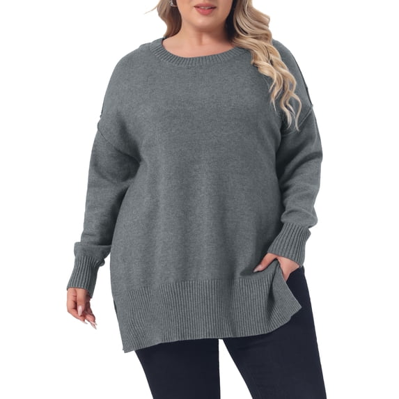 GRACE & GRANDEUR Women's Plus Size Oversized Knit Sweater Long Sleeve Crew Neck Pullover with Side Slits 3X Grey