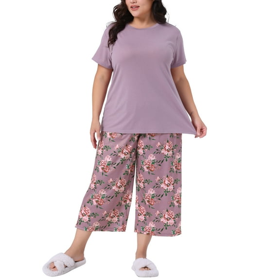 Agnes Orinda Women's Plus Size 2 Piece Sleepwear Short Sleeve Tops with Pants Printed Pattern Lounge Pajamas Sets 1X Purple