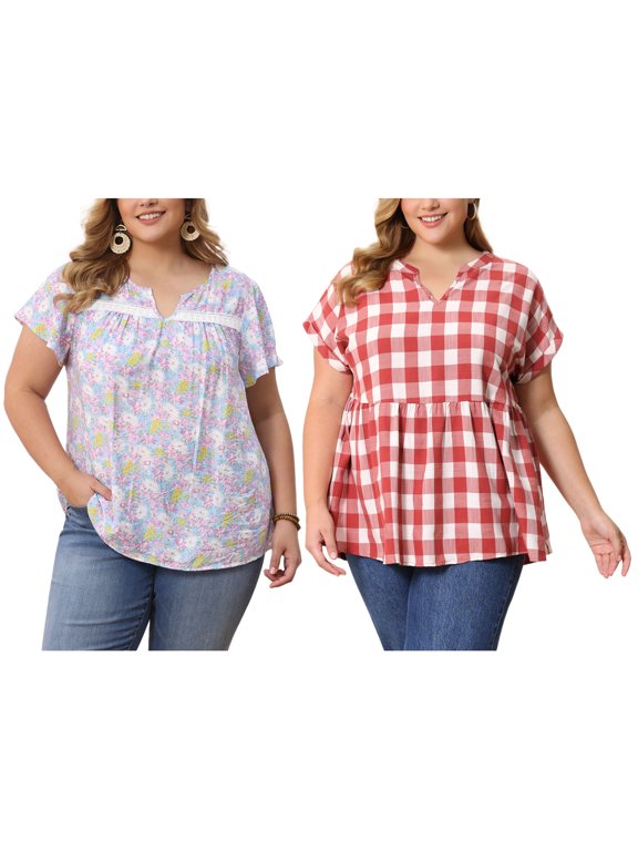 Women's Plus Size 2 Pieces Plaid Floral Printed Blouse Notch V Neck Tops Short Sleeves Summer Casual Top 4X Red/Light Purple
