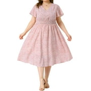 GRACE & GRANDEUR Women's Plus Size Dress V Neck Floral Boho Chiffon Smocked Midi Dress 2X Pink
