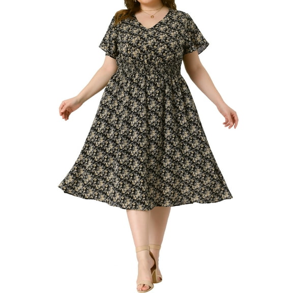 GRACE & GRANDEUR Women's Plus Size Floral Dress Boho Chiffon V Neck Short Sleeve Smocked Summer Midi Dresses 4X Black