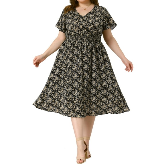 GRACE & GRANDEUR Women's Plus Size Floral Dress Boho Chiffon V Neck Short Sleeve Smocked Summer Midi Dresses 4X Black