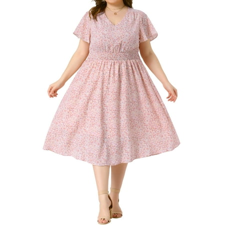 GRACE & GRANDEUR Women's Plus Size Floral Dress Boho Chiffon V Neck Flare Short Sleeves Smocked Waist Summer Midi Dresses 4X Pink