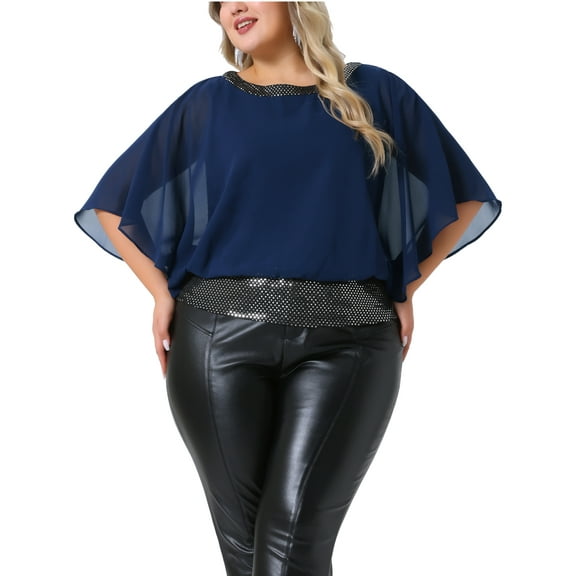 Agnes Orinda Women's Plus Size Sequin Tops Glitter Double Layer Half Batwing Sleeve Party Casual Sparkle Chiffon Blouse 1X Navy Blue