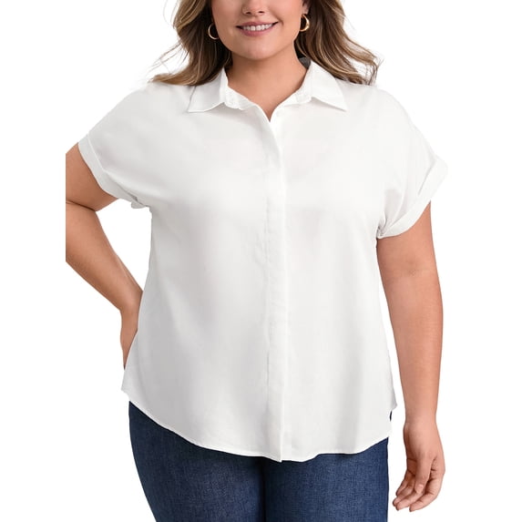 GRACE & GRANDEUR Women's Plus Size Shirts Lapel Rolled Cuffed Short Sleeve Button-Up Shirt Collared Casual Blouses Tops 1X White