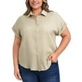 thumbnail image 1 of GRACE & GRANDEUR Women's Plus Size Shirts Lapel Rolled Cuffed Short Sleeve Button-Up Shirt Collared Casual Blouses Tops 2X Khaki, 1 of 5