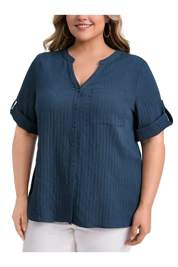 Women's Plus Size Easter Shirts Mandarin Collar V Neck Elbow Short Sleeve Textual Button Blouses Tops with Pocket 2X Dark Blue