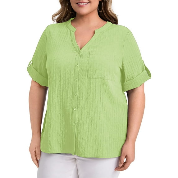 GRACE & GRANDEUR Women's Plus Size Easter Shirts Mandarin Collar V Neck Elbow Short Sleeve Textual Button Blouses Tops with Pocket 1X Light Green