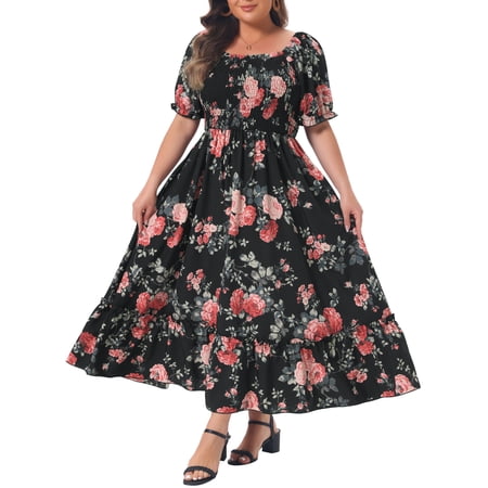 GRACE & GRANDEUR Women's Plus Size Short Sleeves Square Neck Smocked Boho Floral Maxi Dresses 4X Black