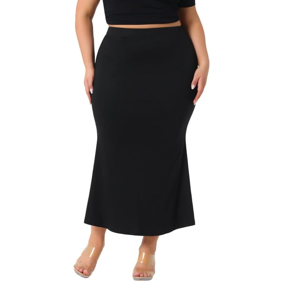 Agnes Orinda Women's Plus Size Skirt Pack Mermaid High Waist Knit Casual Bodycon Solid Maxi Skirts 1X Black