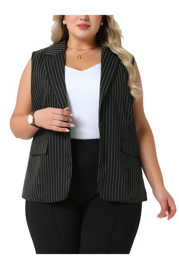 Women's Plus Size Striped Blazer Lapel V Neck Sleeveless Button Down Business Casual Suit Vests with Pocket 4X Black