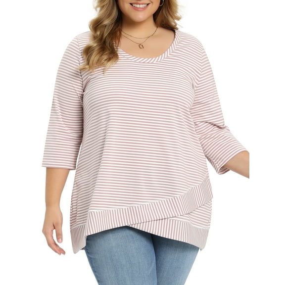 GRACE & GRANDEUR Women's Plus Size Striped Tops Scoop Neck Loose Casual Tunic Top 3/4 Sleeve Crossover High Low Hem Blouse 1X Pink