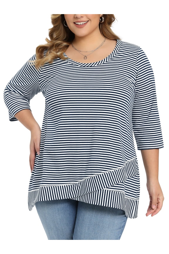 Women's Plus Size Easter Striped Tops Scoop Neck Loose Casual Tunic Top 3/4 Sleeve Crossover High Low Hem Blouse 2X Navy Blue