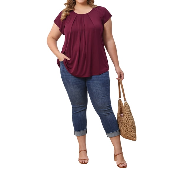 GRACE & GRANDEUR Women's Plus Size St. Patrick's Day Summer Blouse Pleated Curved Hem Ruffle Sleeve Round Neck Dressy Loose Tops 1X Purple