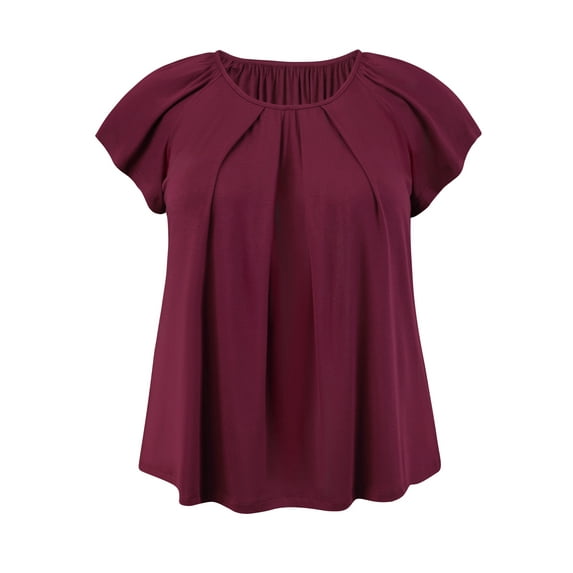 GRACE & GRANDEUR Women's Plus Size Summer Blouse Pleated Curved Hem Ruffle Sleeve Round Neck Dressy Loose Tops 1X Purple
