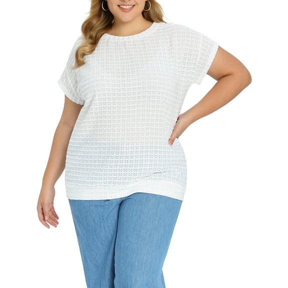 GRACE & GRANDEUR Women's Plus Size Summer Blouse Pointelle Knit Boat Neck Top Loose Raglan Sleeve Hollow Casual Blouses 1X White