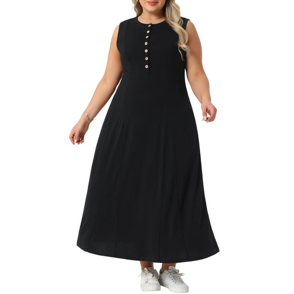 Agnes Orinda Women's Plus Size Dresses Summer Sleeveless Crew Neck Buttons Decor Casual A Line Maxi Tank Dress with Pockets 2025 4X Black