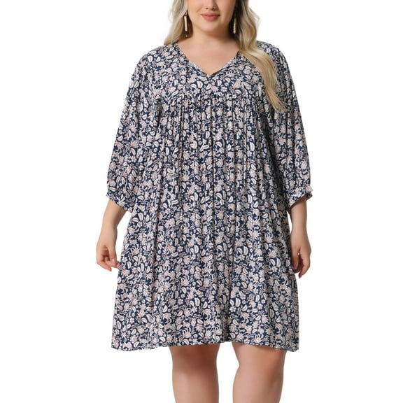 Plus Size Summer Dress for Womens Drawstring V Neck Babydoll Midi Flowy Dresses Sundress 3X Navy Blue