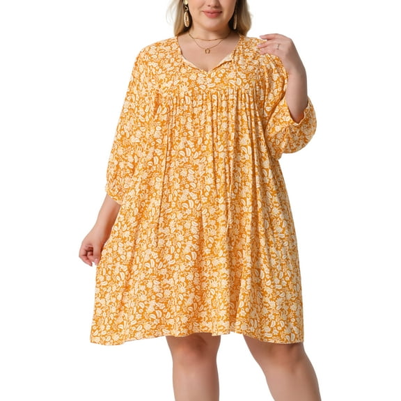 Plus Size Summer Dress for Womens Drawstring V Neck Babydoll Midi Flowy Dresses Sundress 3X Orange