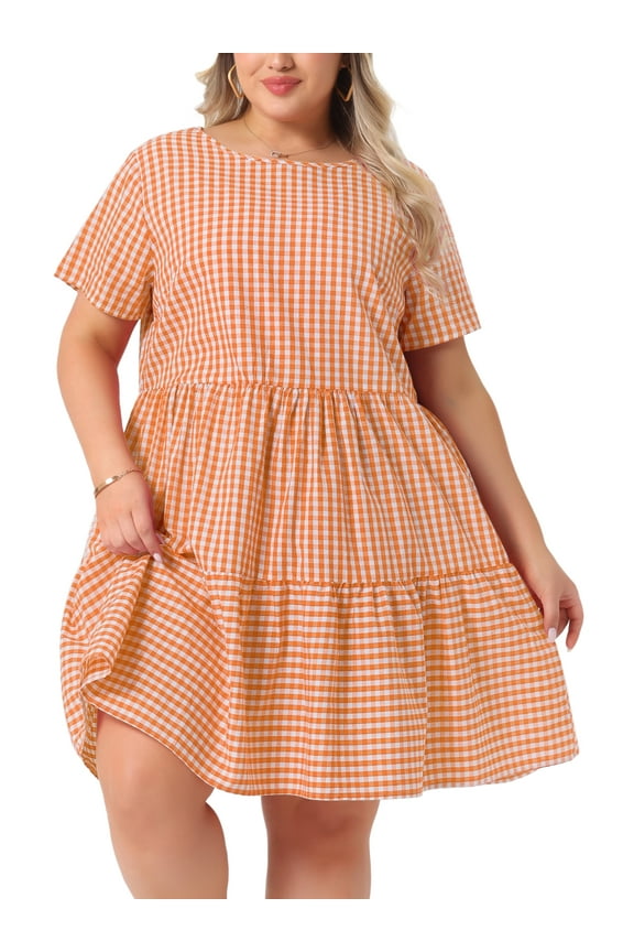 Women's Plus Size Gingham Dresses 1950s Vintage Tiered Crew Neck Short Sleeve Summer Casual Midi Plaid Dress 1X Orange