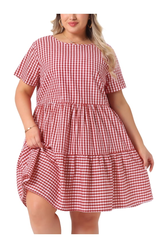 Women's Plus Size Gingham Dresses 1950s Vintage Tiered Crew Neck Short Sleeve Summer Casual Midi Plaid Dress 1X Red