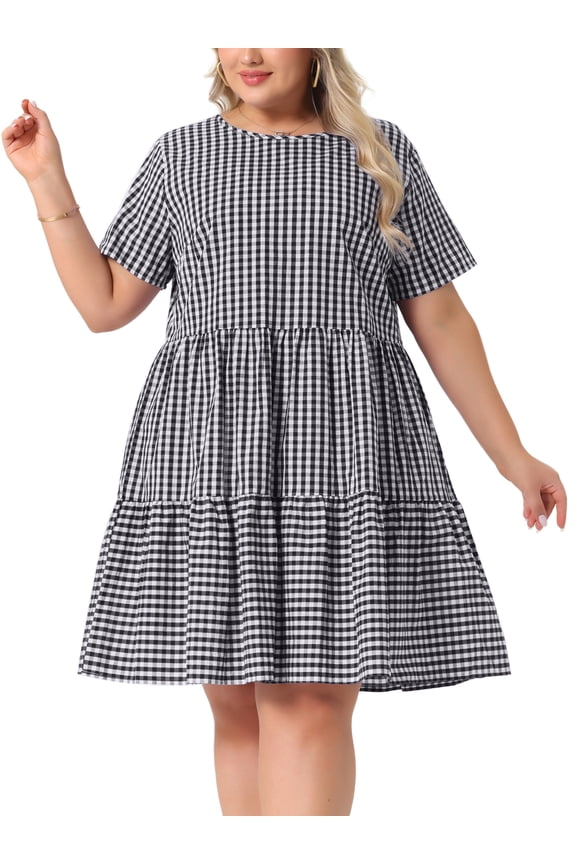 Women's Plus Size Gingham Dresses 1950s Vintage Tiered Crew Neck Short Sleeve Summer Casual Midi Plaid Dress 2X Black