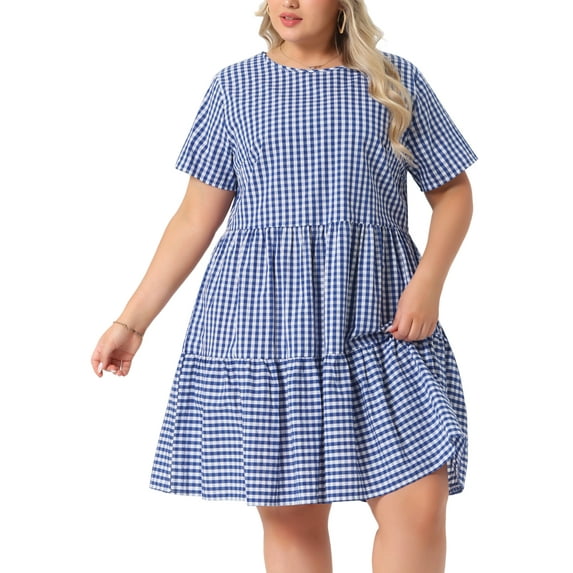 Agnes Orinda Women's Plus Size Easter Gingham Dresses 1950s Vintage Tiered Crew Neck Short Sleeve Summer Casual Midi Plaid Dress 2X Dark Blue