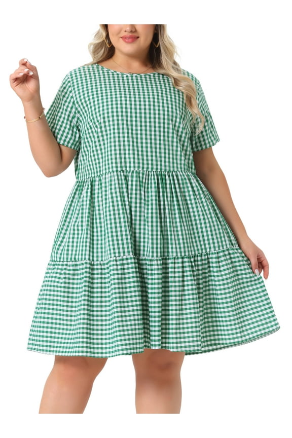 Women's Plus Size Easter Gingham Dresses 1950s Vintage Tiered Crew Neck Short Sleeve Summer Casual Midi Plaid Dress 3X Green
