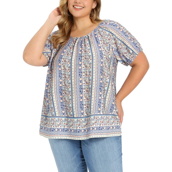 GRACE & GRANDEUR Women's Plus Size Summer Tops Boho Floral Print Round Neck Casual Blouse Puff Sleeve Vacation Top 2X Royal Blue