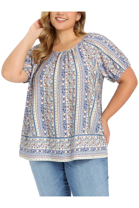 Women's Plus Size Summer Tops Boho Floral Print Round Neck Casual Blouse Puff Sleeve Vacation Top 2X Royal Blue