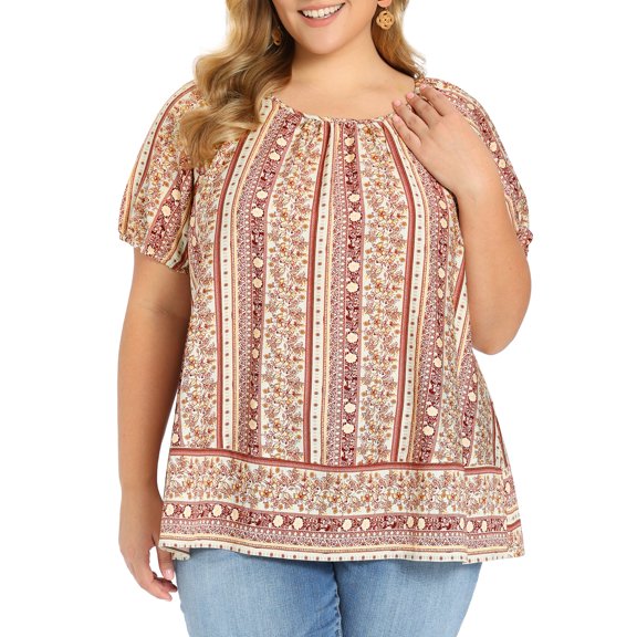 GRACE & GRANDEUR Women's Plus Size Summer Tops Boho Floral Print Round Neck Casual Blouse Puff Sleeve Vacation Top 3X Dark Red