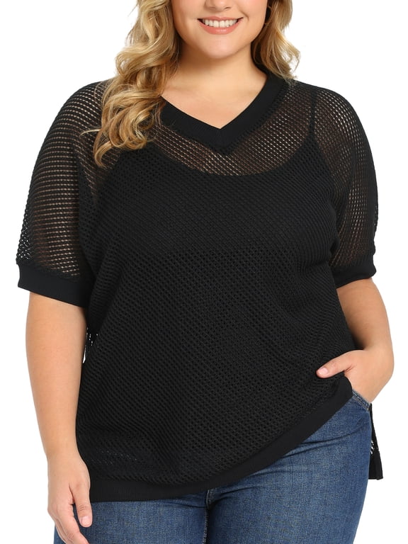 Women's Plus Size Summer Tops Crochet Side Slit Half Sleeve V Neck Loose Waffle Knit Casual Blouses 3X Black