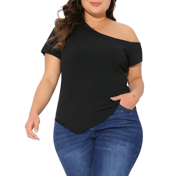 Agnes Orinda Women's Plus Size Summer Tops One Shoulder Short Sleeve Asymmetrical Hem Casual Blouses Tee 1X Black