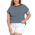 thumbnail image 1 of GRACE & GRANDEUR Women's Plus Size Summer Tops Striped Crew Neck T-Shirts Raglan Sleeve Casual Blouses 1X Navy Blue, 1 of 6