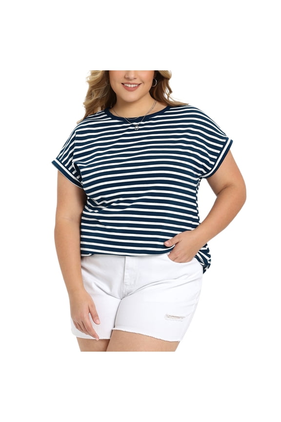 Women's Plus Size Summer Tops Striped Crew Neck T-Shirts Raglan Sleeve Casual Blouses 2X Navy Blue