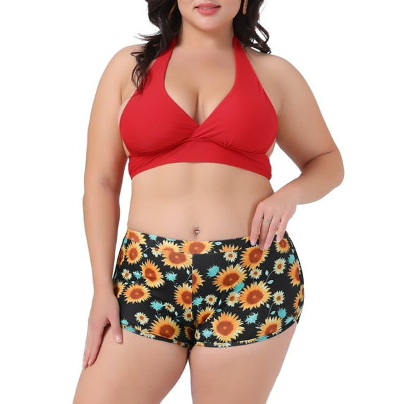 Agnes Orinda Women's Plus Size Sunflower Bikini 2 Piece Swimsuits High Waisted Halter Bathing Suit Sets 1X Red