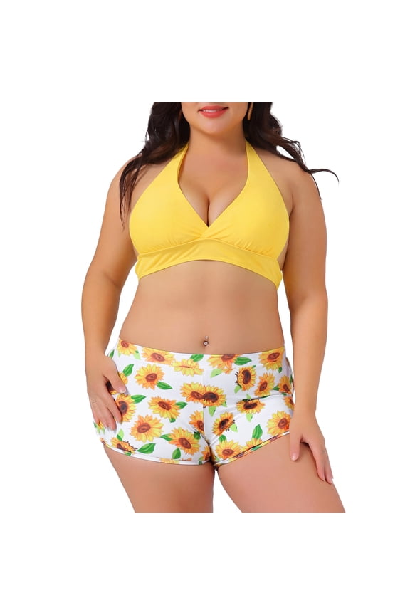 Women's Plus Size Sunflower Bikini 2 Piece Swimsuits High Waisted Halter Bathing Suit Sets 4X Yellow