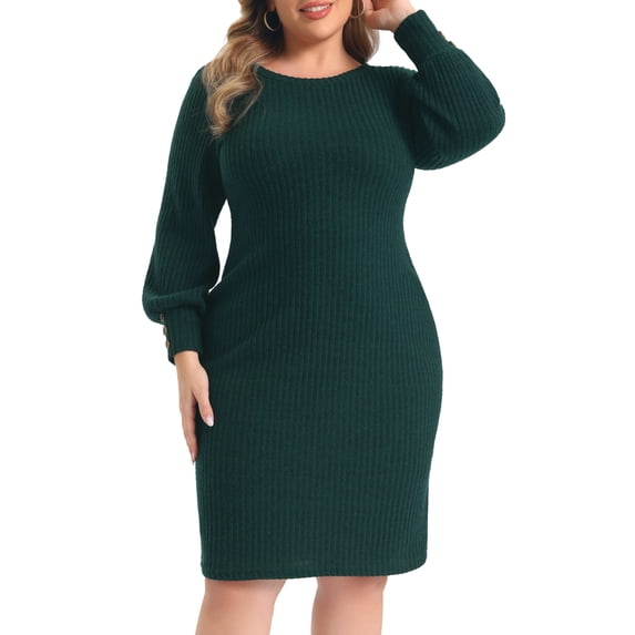 GRACE & GRANDEUR Women's Plus Size Halloween Outfits Sweater Dress Ribbed Knit Crew Neck Lantern Sleeve Buttons Decor Slim Fitted Midi Fall Winter Bodycon Dresses 4X Dark Green