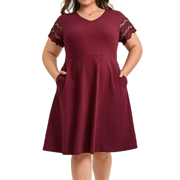 GRACE & GRANDEUR Women's Plus Size Dress Hollow Out V-Neck Elastic Waist Short Sleeve Summer A-Line Dresses with Pockets 4X Burgundy