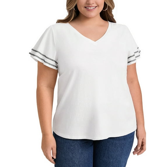 GRACE & GRANDEUR Women's Plus Size T-Shirts V Neck Ruffle Short Sleeves Striped Contrasting Colors Tee Shirt Blouses 1X White