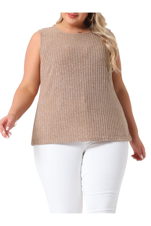 Women's Plus Size Ribbed Tank Tops Crew Neck Sleeveless Stretch Camisole Summer Casual Basic Tanks Shirt 2025 2X Brown