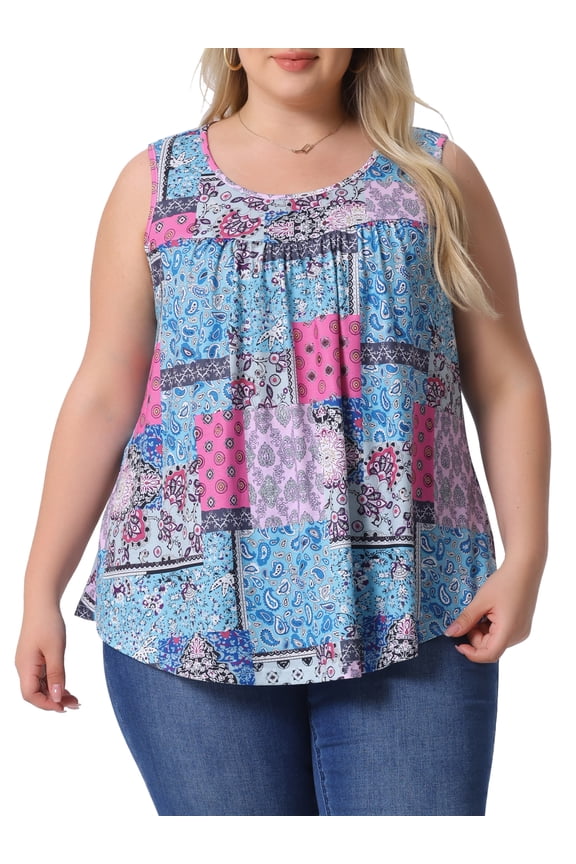 Women's Plus Size Boho Tank Tops Pleated Round Neck Sleeveless Curved Hem Casual Beach Flowy Camisole Tee Shirts 2X Blue