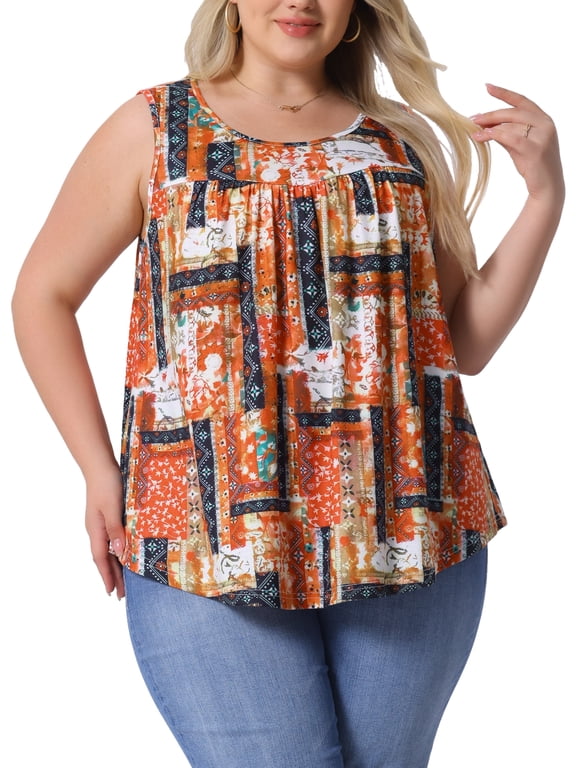 Women's Plus Size Boho Tank Tops Pleated Round Neck Sleeveless Curved Hem Casual Beach Flowy Camisole Tee Shirts 2X Orange