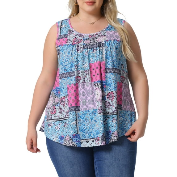 Agnes Orinda Women's Plus Size Boho Tank Tops Pleated Round Neck Sleeveless Curved Hem Casual Beach Flowy Camisole Tee Shirts 3X Blue