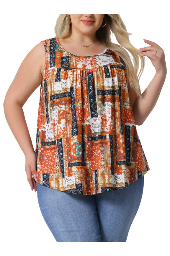 Women's Plus Size Boho Tank Tops Pleated Round Neck Sleeveless Curved Hem Casual Beach Flowy Camisole Tee Shirts 3X Orange