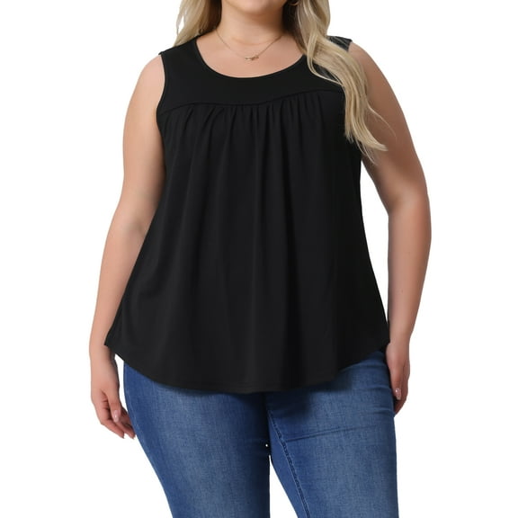 Agnes Orinda Women's Plus Size Boho Tank Tops Pleated Round Neck Sleeveless Curved Hem Casual Beach Flowy Camisole Tee Shirts 4X Black