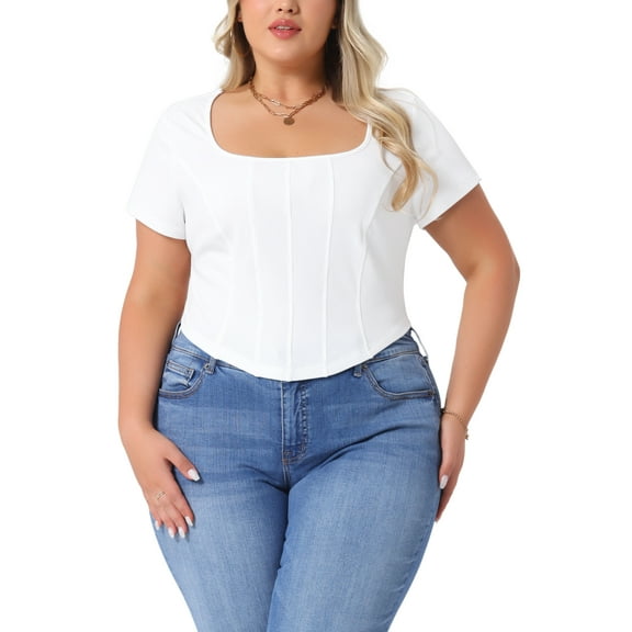 Agnes Orinda Women's Plus Size Top Basic Square Neck Short Sleeve Curved Hem Slim Fitted Casual Crop Blouses 1X White