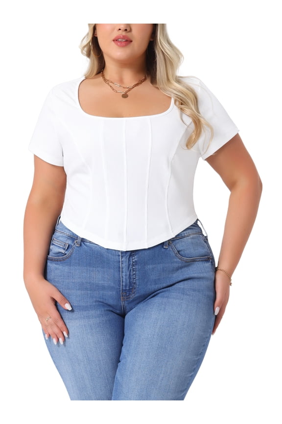 Women's Plus Size Top Basic Square Neck Short Sleeve Curved Hem Slim Fitted Casual Crop Blouses 3X White