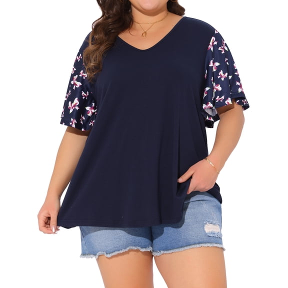 Agnes Orinda Women's Plus Size Floral Top Summer V Neck Flutter Short Sleeve Casual Blouses Tee 2025 1X Dark Blue