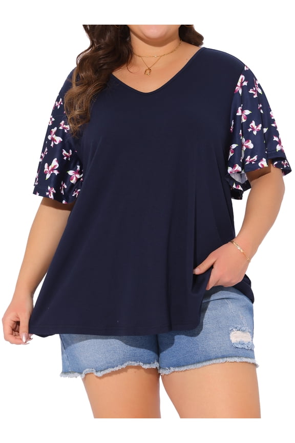 Women's Plus Size Floral Top Summer V Neck Flutter Short Sleeve Casual Blouses Tee 2025 2X Dark Blue